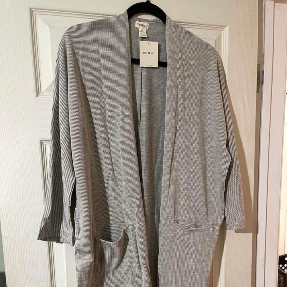 Donni Sandwash Ribbed Cardigan One Size Fits Most Grey White Texture Stripe NWT